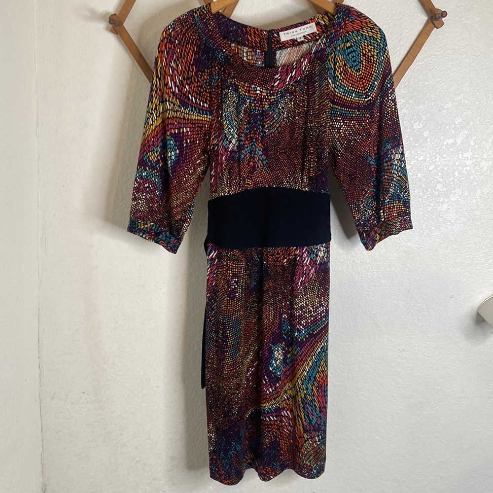 Trina Turk Multicolored Mosaic Print 100% Silk Midi Dress with Black Tie Waist 4